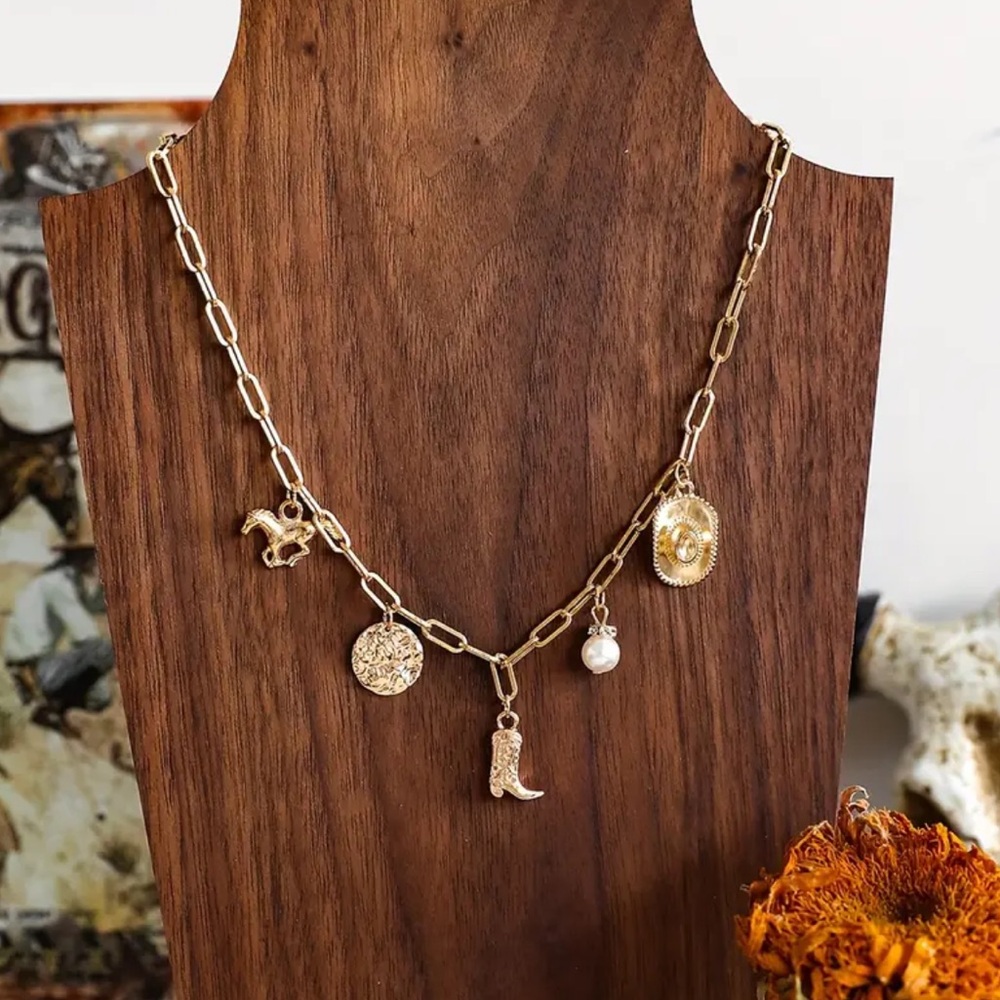 NEW Gold Charm Necklace with Western Cowboy Bohemian Accents